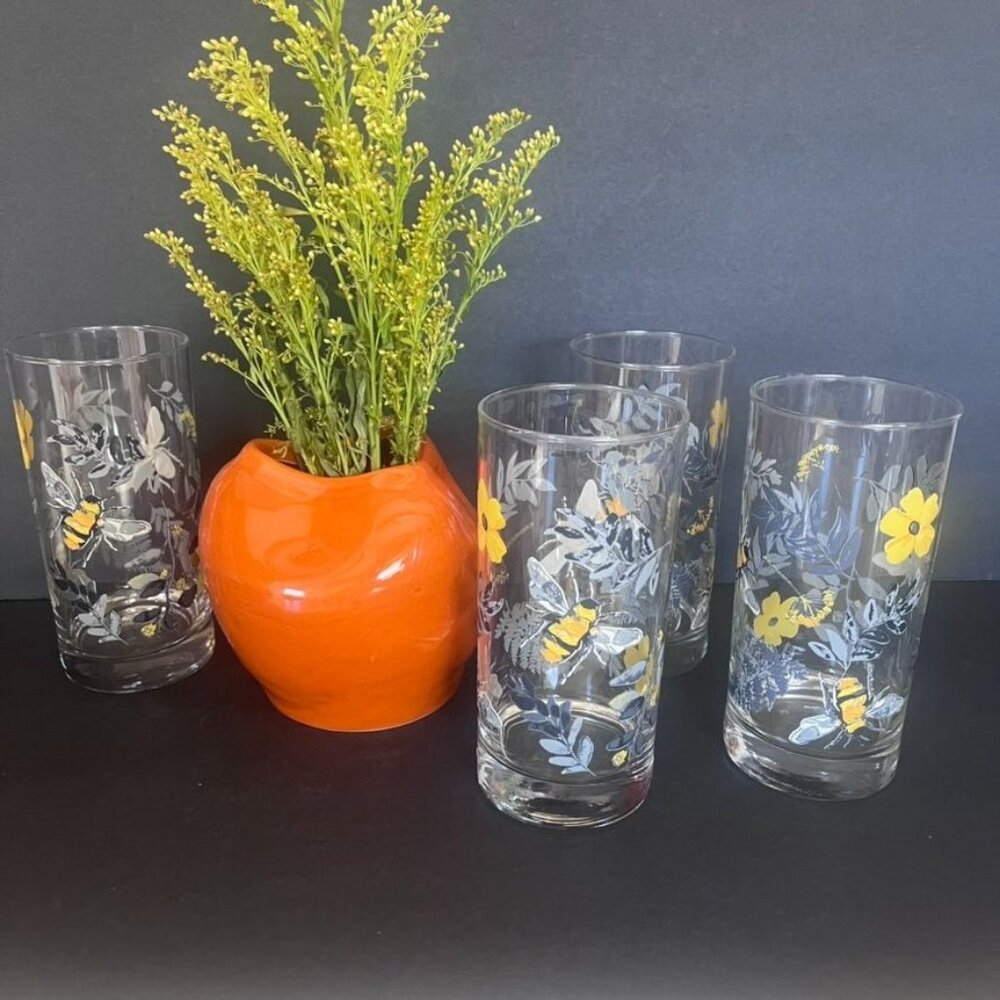 Vintage Libbey Bee & Flower Highball Glass Set Of 4